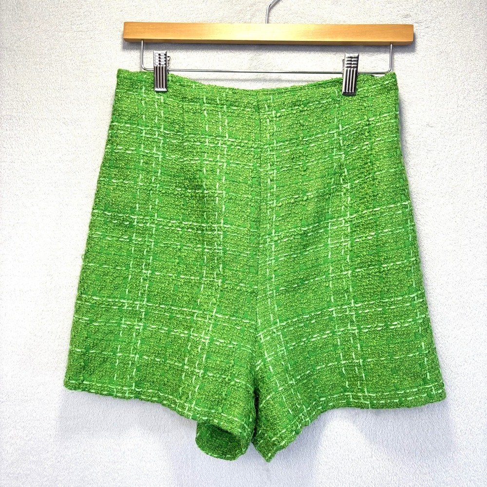 ZARA Textured Tweed 70s Style Shorts Womens Large L Green High Rise‎ Lined Retro